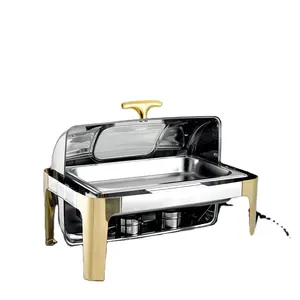 Catering roll top chaffing plated food warmer with window buffet furnace golden color brass 9l shaffing dish gold chafing dish