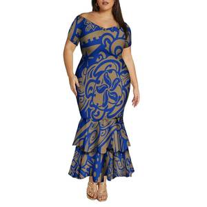 Gaun ekor ikan wanita ukuran Plus gaun pesta bahu terbuka leher V rendah musim panas mode kustom gaun panjang desain Polinesia - Product Image 1