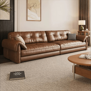 Canapé en <span class=keywords><strong>cuir</strong></span> marron de style vintage 4 places avec accoudoirs roulés et capitonnage <span class=keywords><strong>pour</strong></span> grand salon - Product Image 5