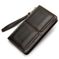 Dompet Pria Kulit Asli Model Panjang dengan Dua Kantong dan Banyak Slot Kartu, Tas Selempang Pria