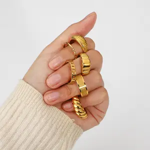 18K Gold Plated Stainless Steel Minimalist Textured Dome Heart Croissant Horn Wrap Shaped Finger Rings Women Men