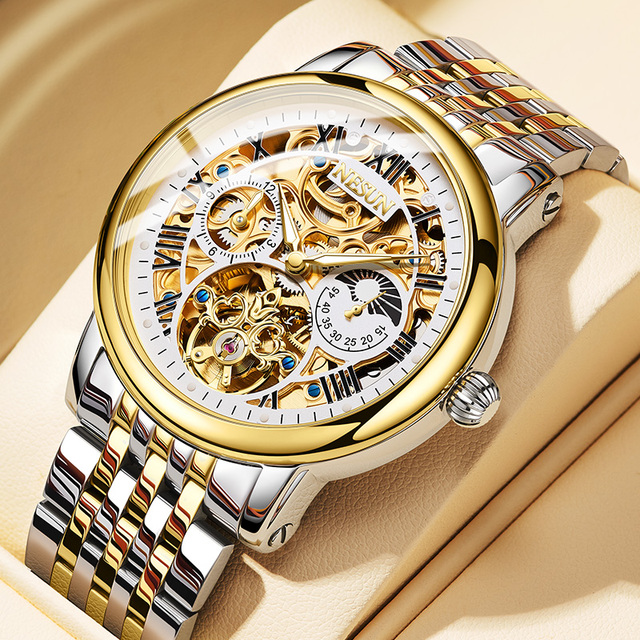 NESUN Automatic Mechanical Watch for Men, Skeletonized, Waterproof, Luminescent, Fashionable Steel Strap Wristwatch, Model 9097