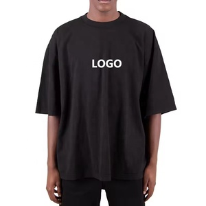 เสื้อยืดคอกลมสีดำขายส่ง เสื้อยืดลำลองผ้าคอตตอนหนาน้ำหนักมาก ทรงหลวมไหล่ตก เสื้อยืดโอเวอร์ไซส์ทรงบ็อกซี่ เสื้อยืดเปล่าสำหรับผู้ชาย - Product Image 1