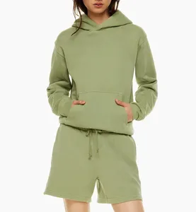 Özel sıcak satış eşofman yumuşak anti boncuklanma pembe hoodie ve şort kadınlar için iki adet set