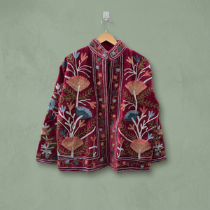 Women Velvet Floral Embroidered <b>Mandarin</b> <b>Collar</b> <b>Jacket</b> Full Sleeve Autumn Handcrafted Short Coat Suzani Style - Product Image 2