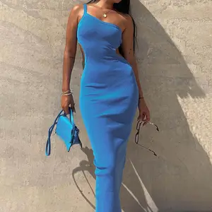 Custom Summer Solid Color One Shoulder Sleeveless Prom Hollow Out Dinner Party Women Skinny Sexy Casual Dress