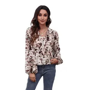 Lente Damesmode Afdrukken Lantaarn Mouw Blouse Nieuwe Ontwerp Lange Mouwen V-hals Chiffon Shirt