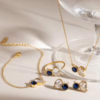 Collier pendentif en acier inoxydable avec double pierre CZ, pierres rondes bleues et ovales transparentes, bijoux minimalistes dorés pour femmes