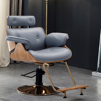 Chaise de barbier moderne de qualité supérieure, durable, avec cadre brun, revêtement en cuir PU gris-bleu, base en métal rotative à 360°