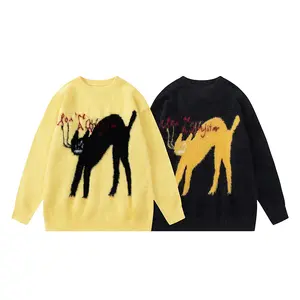 Japanese crew-neck color cat jacquard sweater autumn casual couple knitwear