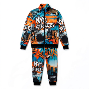 ชุดวอร์มกราฟฟิตี NYC แบบ OEM สั่งทำพิเศษสำหรับผู้ชาย พิมพ์ลายเต็มตัว สไตล์สตรีทแวร์ เสื้อซิปมีฮู้ด กางเกงจ็อกเกอร์ มีกระเป๋าข้าง - Product Image 1