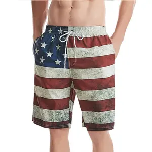 กางเกงว่ายน้ำขาสั้นพิมพ์ซับลิเมชันสำหรับผู้ชายกางเกงว่ายน้ำขาสั้นลายธงชาติอเมริกันเซ็กซี่