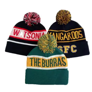 Berretto personalizzato all'ingrosso/OEM sport jacquard ricamo logo bobble 100% acrilico pom pom knit beanie winter hat