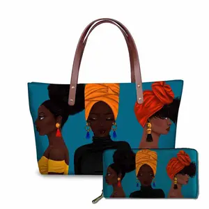 Tas Tangan Anak Perempuan Afrika Seni Hitam Tas Tangan Wanita Desain Mewah Dompet & Tas Tangan untuk Wanita 2 Buah/Set Tas Bahu Tote