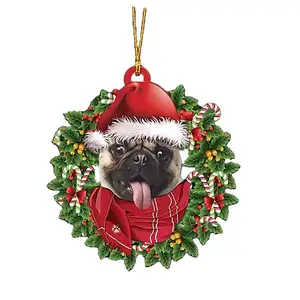 Red wreath dog Christmas tree decoration 2D flat acrylic pendant car hanging backpack keychain decoration gift