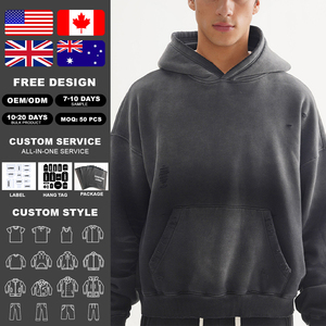 Sweat à capuche court en molleton de coton lavé KingSen Heavyweight, coupe décontractée, effet vieilli, streetwear pour homme - Product Image 1