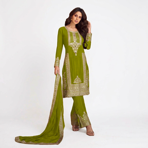 Embroidered Salwar Kameez Dupatta Set Traditional Indian Pakistani <b>Wedding</b> Party Wear Women's Chinon Silk Quick Dry All Seasons - Product Image 1
