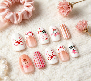 Faux ongles à presser courts carrés, motif nœud floral mignon, dégradé rose nude, <span class=keywords><strong>dentelle</strong></span> et cœur, peints à la main, style doux, pour <span class=keywords><strong>manucure</strong></span> quotidienne - Product Image 1