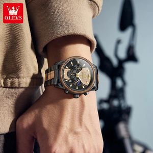 OLEVS 3645-Montres chronographe à quartz en bois <span class=keywords><strong>massif</strong></span> avec aiguilles lumineuses, étanches, en acier inoxydable texturé, avec phase de lune pour hommes - Product Image 2