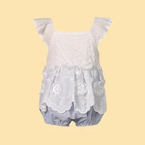 Lovely toddler kids clothes summer embroidery bamboo organic cotton soft ruffle sleeves birthday outfit baby girl rompers dress