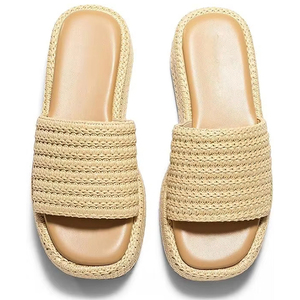 Nueva moda de verano lindo lujo punta redonda <span class=keywords><strong>suela</strong></span> gruesa playa negro rafia zapatillas <span class=keywords><strong>Sandalias</strong></span> planas para mujeres - Product Image 2