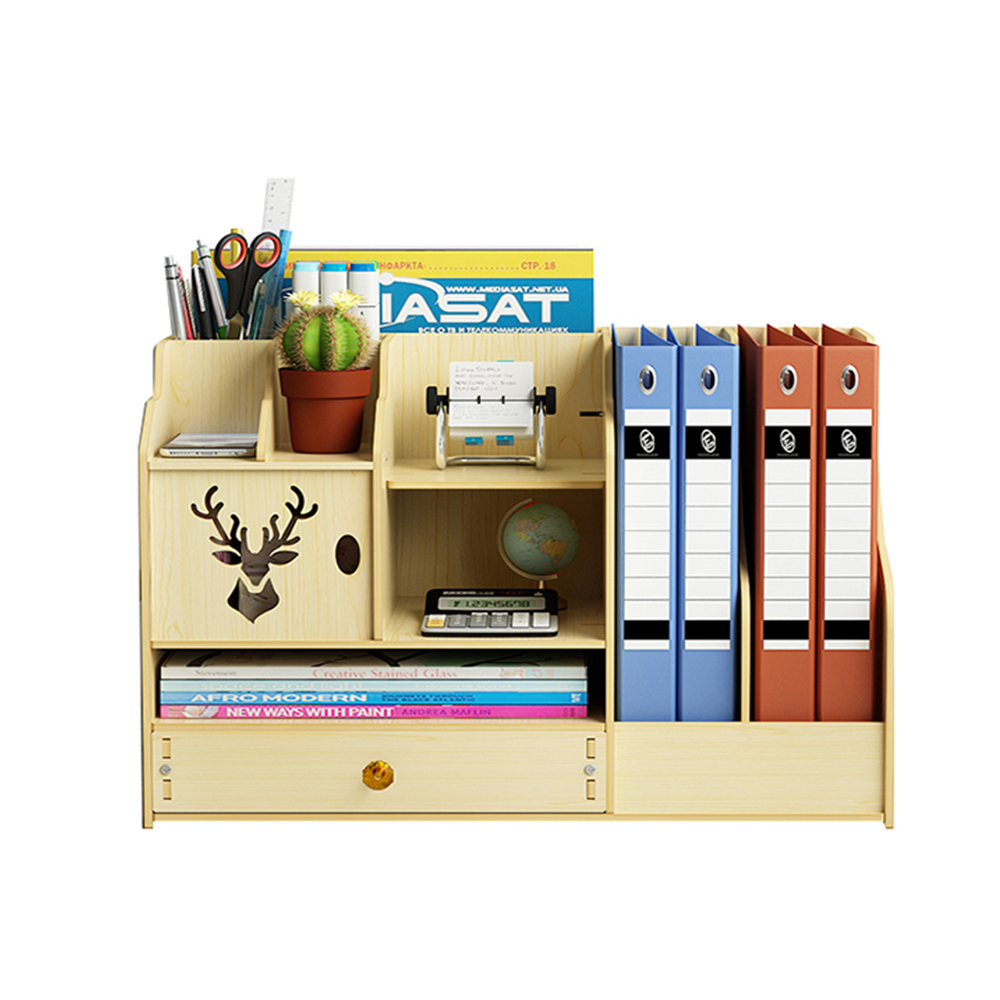 Wood Desktop Office Organizer with Pullout Drawer, Office Supplies Storage Shelf Rack & Book Shelf, 5 Compartment Holder