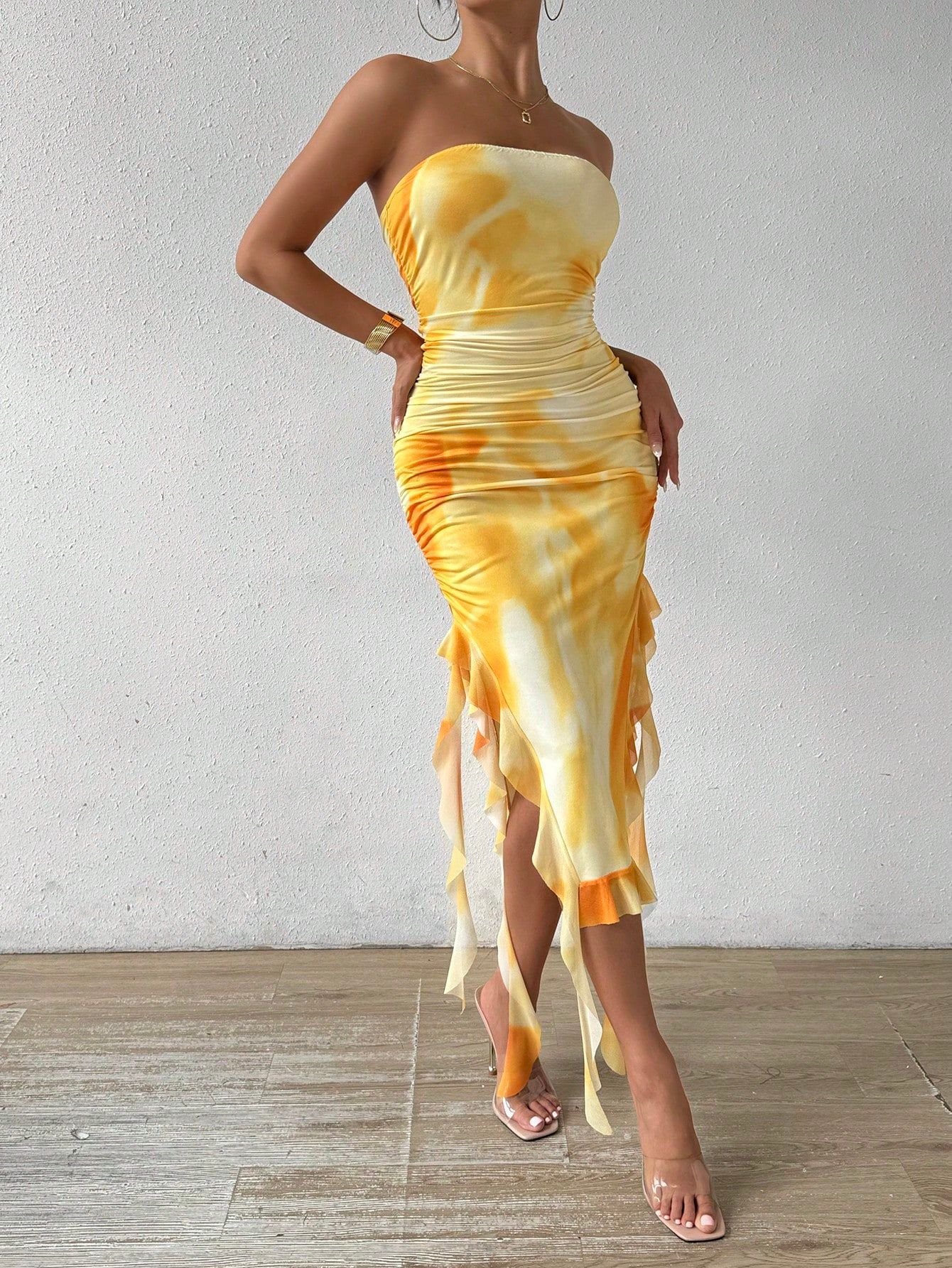 off Shoulder Strapless Bodycon Dress for Women Ruffles Lace Midi Length Tie  Dye Printed Y2K Style Custom Model Number| Alibaba.com