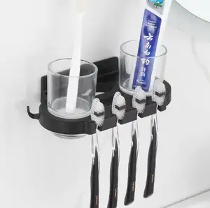 Adhesive Black Aluminum Toothpaste Dispenser Toothbrush Cup Holder Wall Mounted Toothbrush Racks Toothbrush Storage Holder