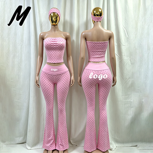 Set Due Pezzi alla Moda Y2K con Stampa a Pois, Logo Personalizzato, Top Senza Spalline, Pantaloni a Vita Alta e Gamba Larga, Elasticizzati - Product Image 2