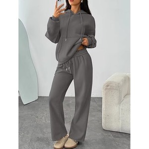 Ensemble de survêtement gris à capuche pour femme, en molleton à manches longues, décontracté, coupe ample, couleur unie, longueur longue, avec boutons, pour l'hiver - Product Image 4