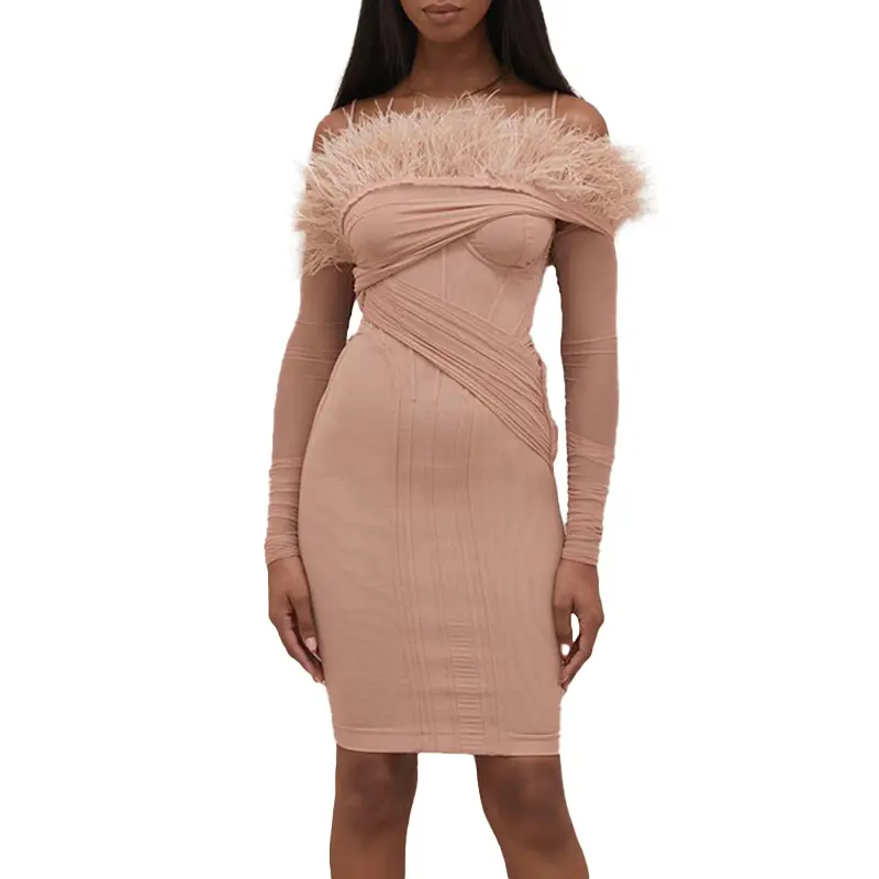 New Fashion Pink Luxury Women Evening Party Bodycon Dress with Ostrich Feathers
