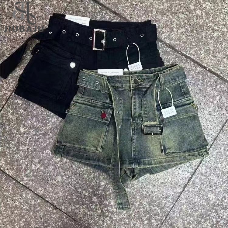 Vintage Dames Denim Shorts Hight Taille Casual Jeans Cargo Zwarte Hot Short Broek Met Riem