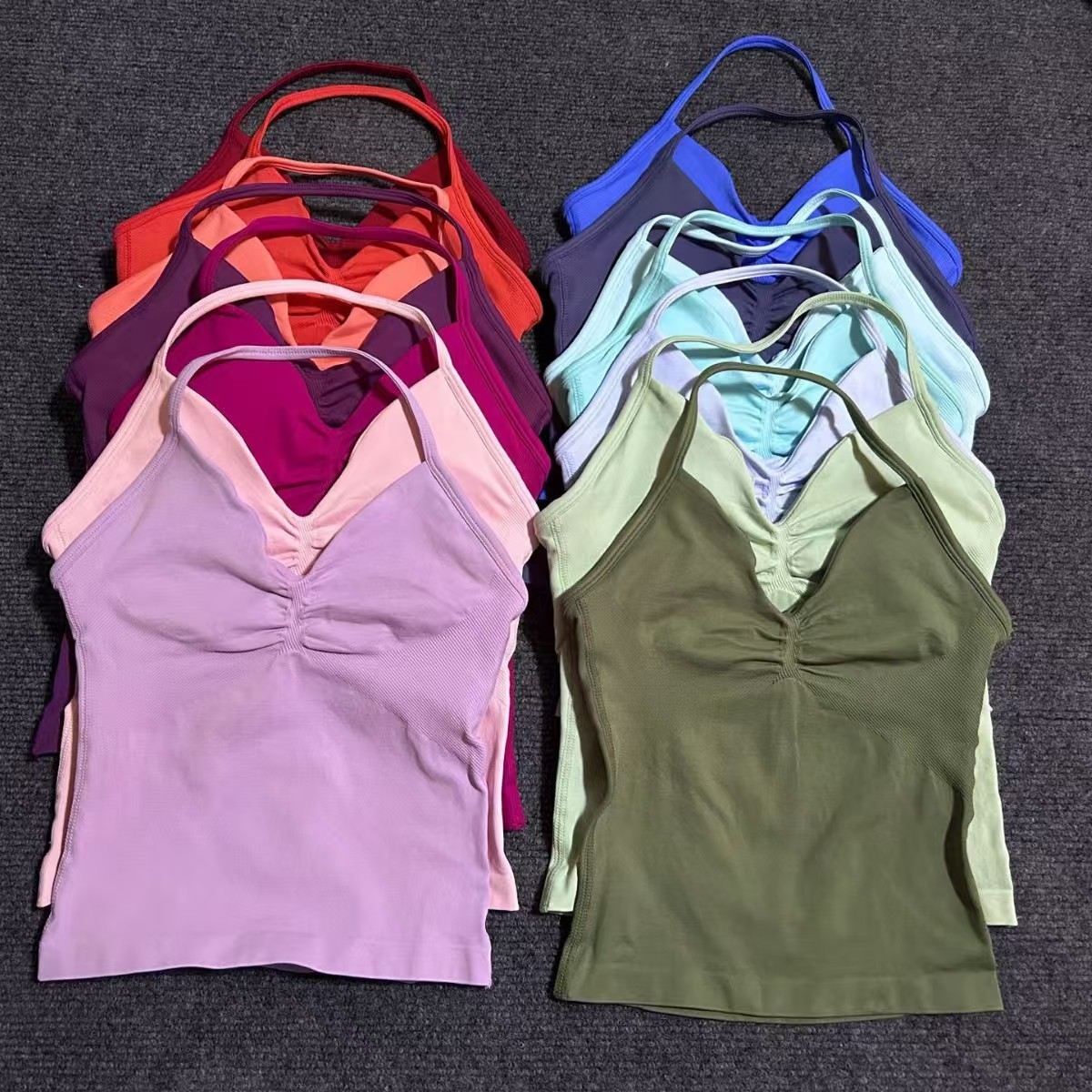 SHINBENE Seamless Strappy Tank Tops Women Front Scrunch Halter Neck Sport Gym Fitness Vest Sportswear