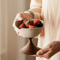 Bol à dessert en céramique à bord ondulé, tasse à pied en grès beige mat bicolore, plat de service pour fruits et noix, cuit au four