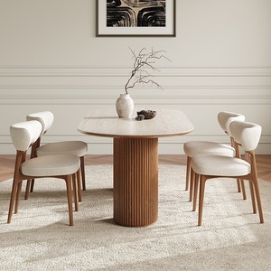 Table à manger en bois massif <span class=keywords><strong>de</strong></span> style rétro français avec plateau en pierre <span class=keywords><strong>de</strong></span> grotte <span class=keywords><strong>de</strong></span> style crème, 6 chaises en noyer pour le salon - Product Image 3