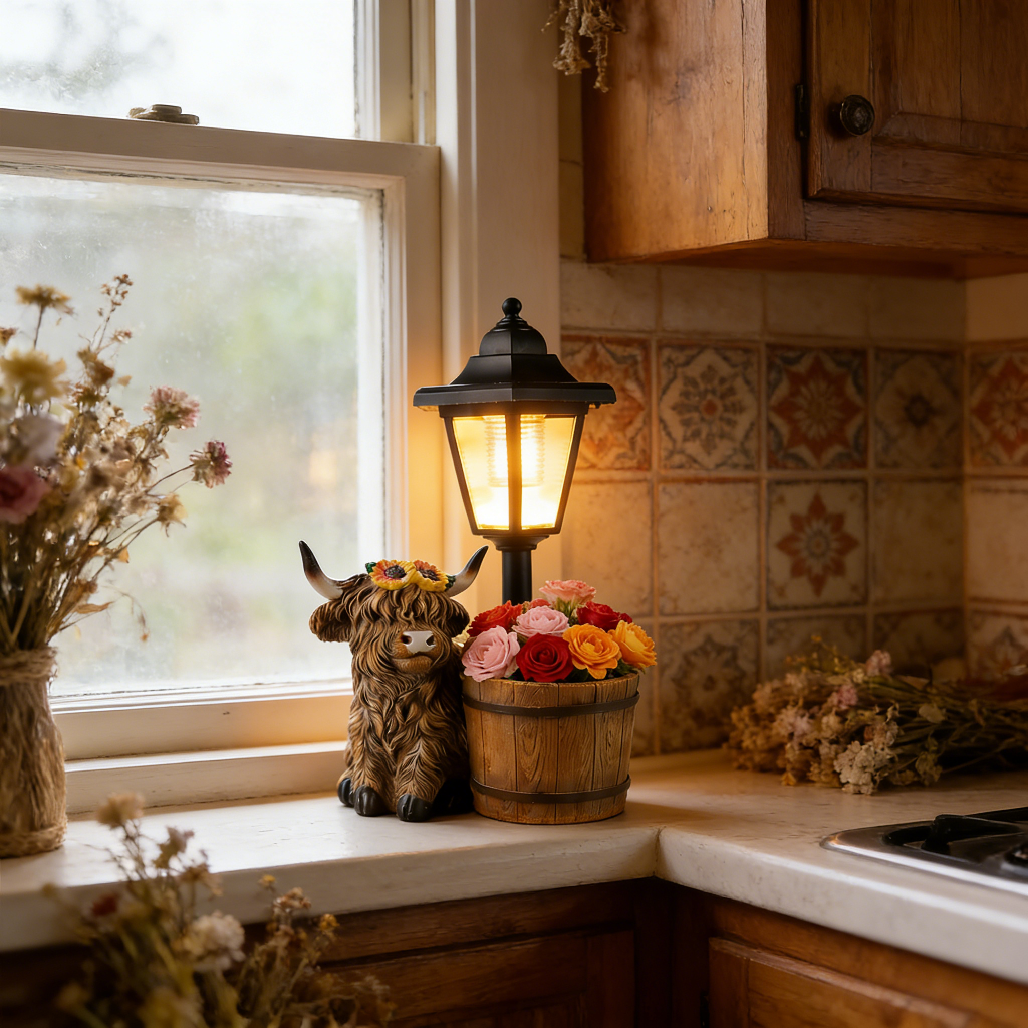 Solar-Powered Resin Highland Cow Lantern Planter Hand-painted Dual