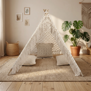 Tente tipi moderne pour enfants faite à la main, pliable, en coton, avec franges en bois naturel, pour jouer à l'intérieur et à l'extérieur - Product Image 3