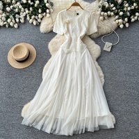 Robe longue décontractée élégante pour femme, rose, à manches courtes, broderie en maille, plissée, coupe trapèze, pour le quotidien et les soirées