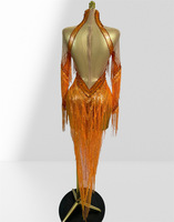 Robe de danse dos nu en maille transparente orange avec franges en strass pour femmes, en stock, pour spectacle sur scène, tenue de performance Drag Queen