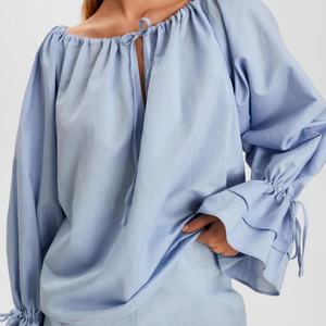 Blusa de Verano para Mujer, Estilo Moderno, Nueva, en Oferta, de Lino y Algodón, Manga Larga, Hombros Elásticos con Volantes, Color Sólido - Product Image 3