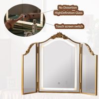 Miroir de maquillage Art Déco doré sculpté en forme d'arche, pliable en trois parties, avec lumière LED tricolore et interrupteur tactile, 31x23 pouces