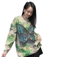 Pull en fourrure de vison tricoté imperméable pour femmes de style coréen pour le commerce extérieur, broderie lourde, manches longues, motif papillon