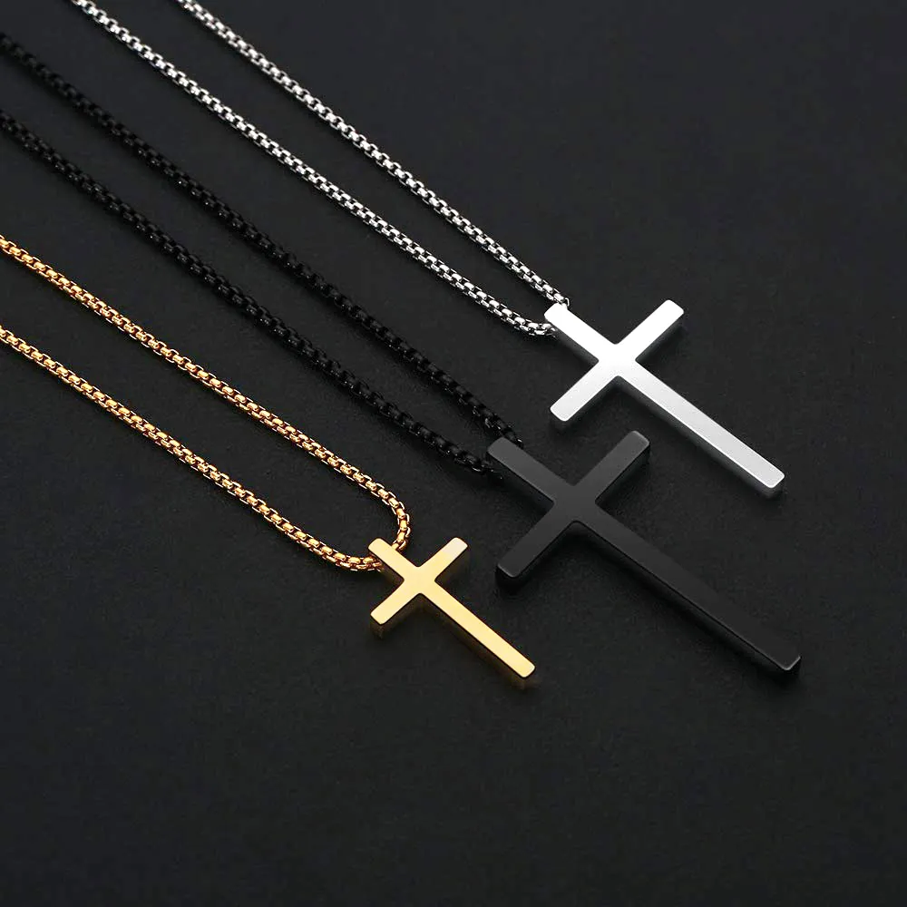 Hot Sale Fashion Simple Silver Black Gold Stainless Steel Cross Pendant Necklace For Men Jewelry