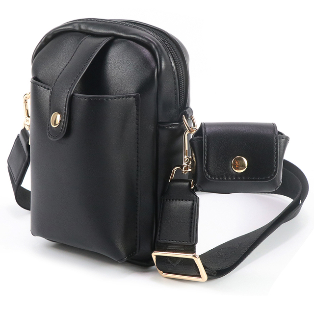 Overseas Warehouse Black PU Leather Crossbody Phone Bag Women Mini Shoulder Bag With Earphone Pouch Fast Delivery