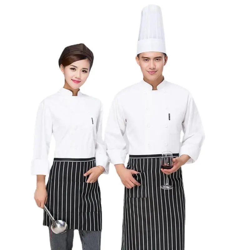 ホテルレストランバーキッチンワークウェアの男性と女性のためのピュアホワイト長袖ダブルブレストシェフオーバーオールプラスサイズ
