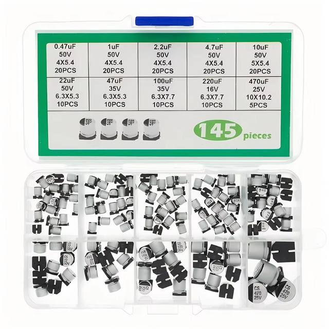 145PCS 10 Specifications SMD Electrolytic Capacitor Kit 0.47V~50V 1uF~470uF Boxed