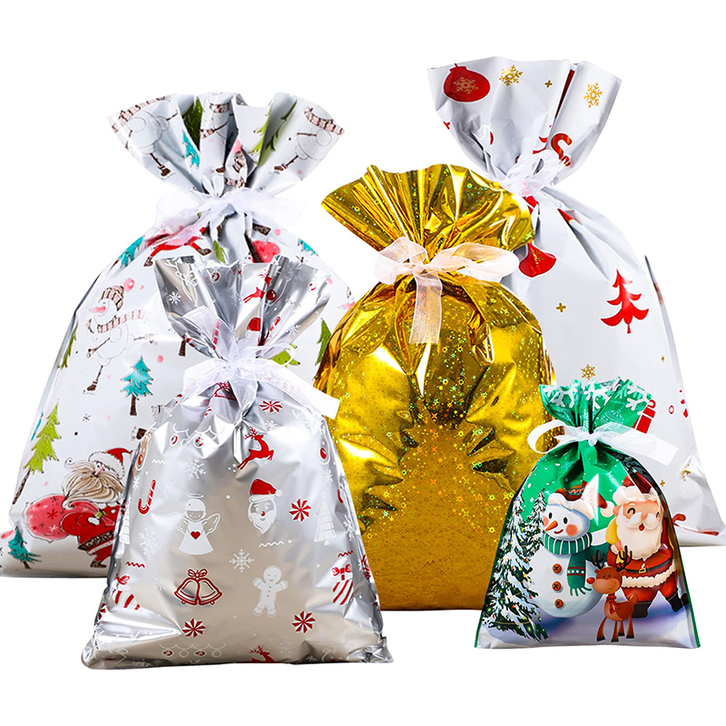 Xmas Reusable Plastic Aluminum Foil Holiday Wrapping Packing Drawstring Christmas Gift Bag Bags