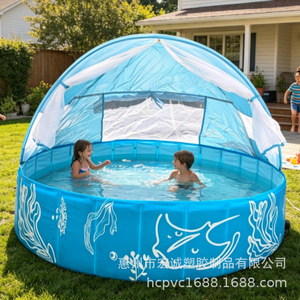 Piscina infantil con parasol de 120 cm, plegable, juguete acuático para exteriores con carpa para niños - Product Image 1
