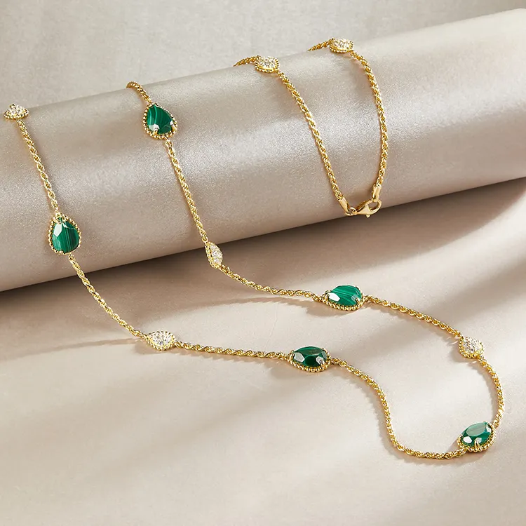 Necklace Set Gold Plated 18k Jewelry Sets Green CZ Zircon Gemstone Long Charm Necklace Earrings Sets