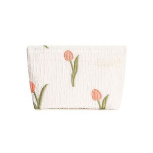 Bolsa de Maquillaje con Diseño de Tulipanes, Bolsa de Almacenamiento Portátil de Viaje, Gran Capacidad, Bordada, de Fábrica con Certificación BSCI - Product Image 5